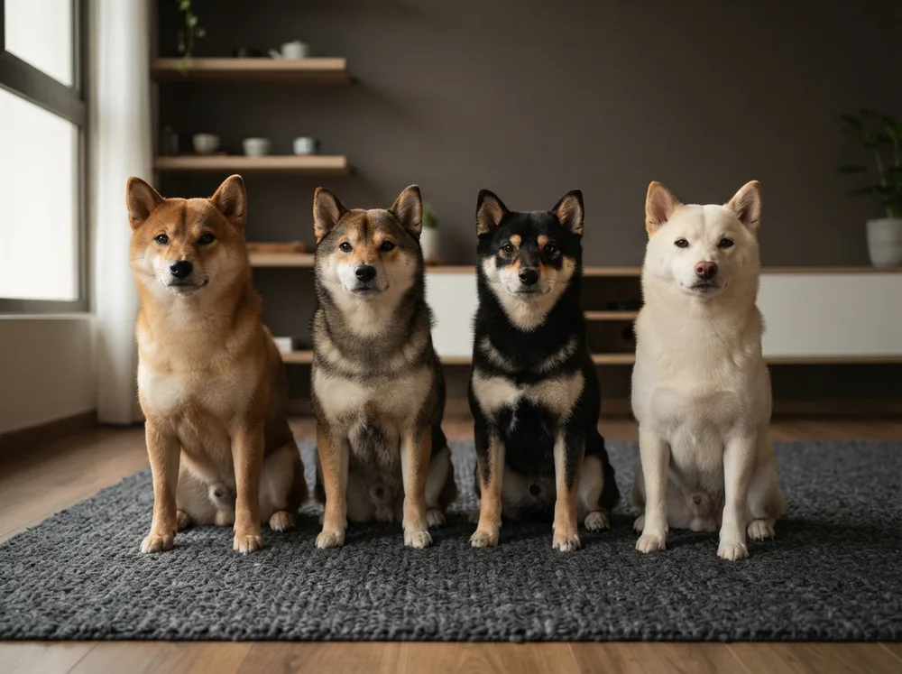 Red, sesame, black-and-tan and cream Shiba Inu sitting together on a dark rug