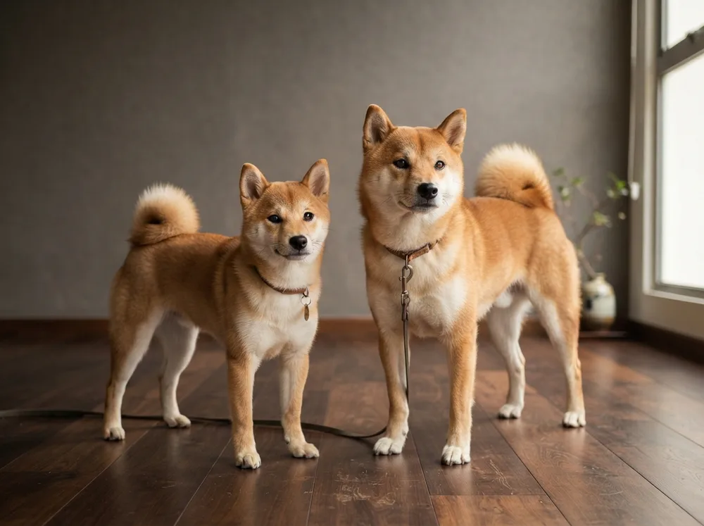 Small mame-size Shiba Inu sitting beside a standard adult Shiba Inu on a wooden floor