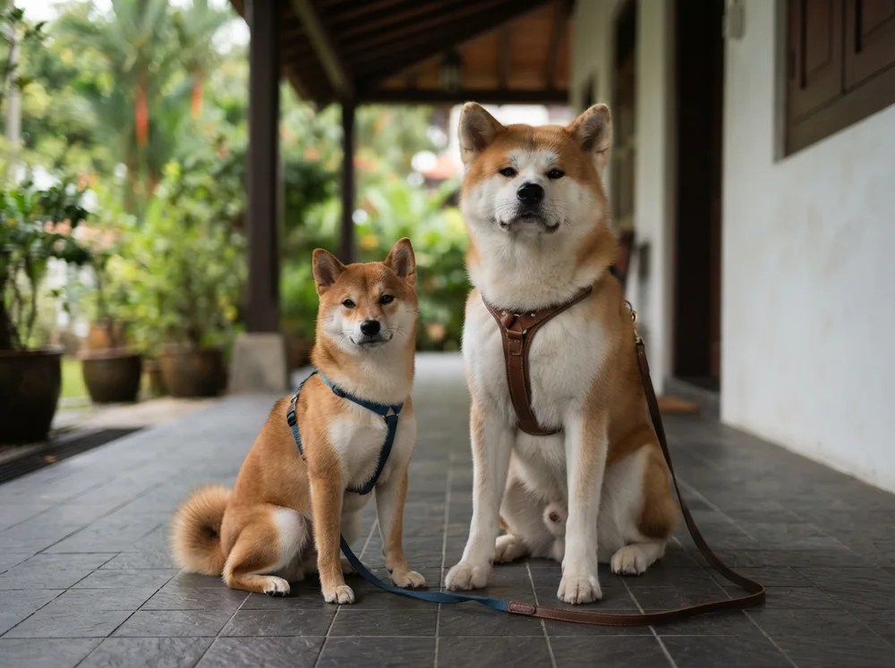 Small red Shiba Inu beside a much larger Akita showing the size difference on a shaded walkway