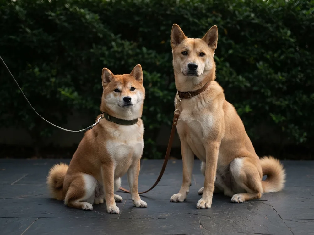 Red Shiba Inu beside a larger tan Korean Jindo showing the spitz-type similarity