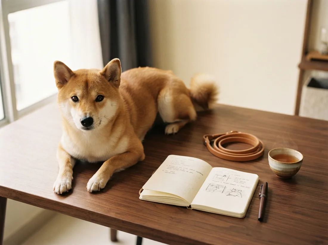 Red Shiba Inu lying calmly beside a notebook and a lead on a warm wooden table