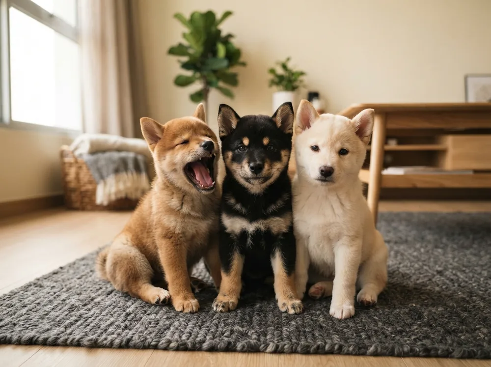 Red Shiba Inu puppy with a fox-like face and clear dark eyes sitting on a warm wooden floor in Singapore