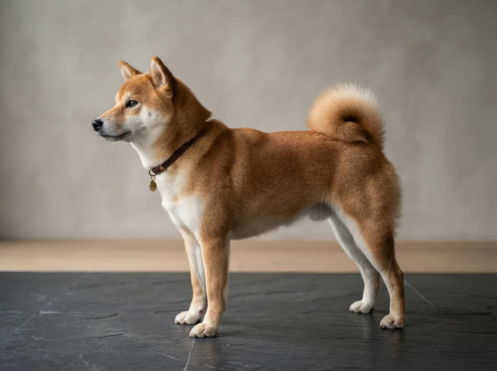 Correctly proportioned adult red Shiba Inu standing in profile showing erect ears and curled tail against a clean pale wall