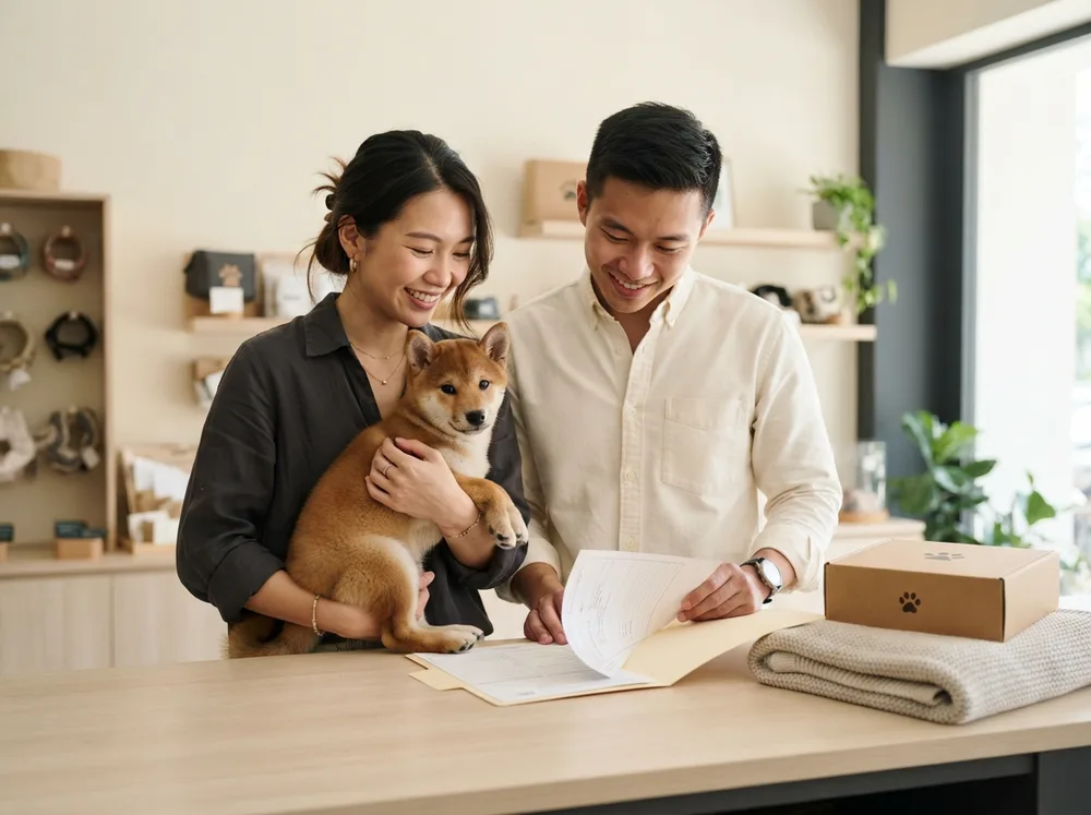 A Singapore couple collecting a red Shiba Inu puppy at a pet shop counter beside its health records and starter kit