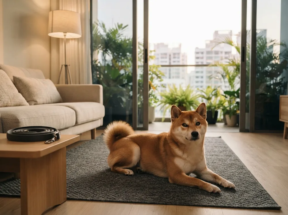 Red Shiba Inu settled on a rug in a modern Singapore condominium living room with a balcony beyond