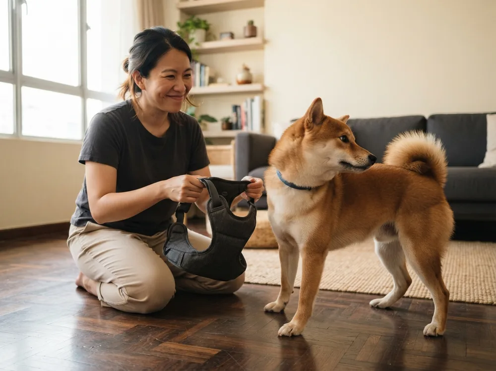 Red Shiba Inu bracing its legs and turning away while its owner patiently holds out a harness
