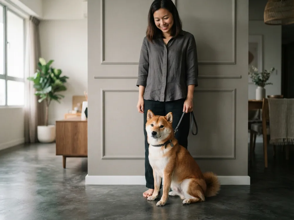 Red Shiba Inu sitting beside a standing adult, its head reaching about mid-calf, showing the true medium size