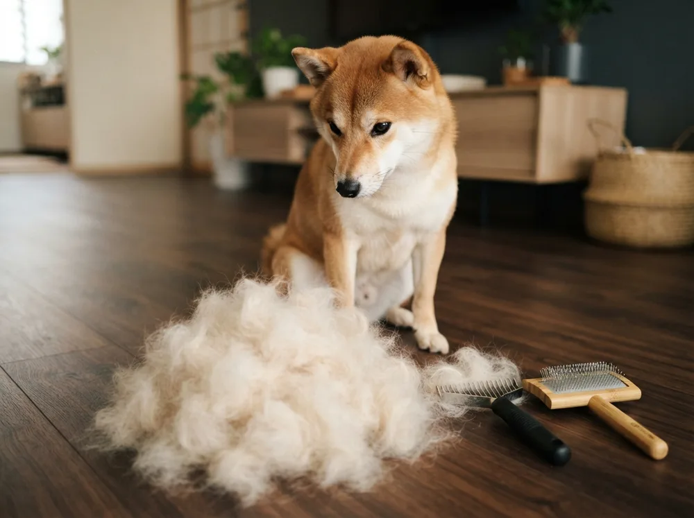 A large pile of pale shed Shiba Inu undercoat on a wooden floor beside an undercoat rake