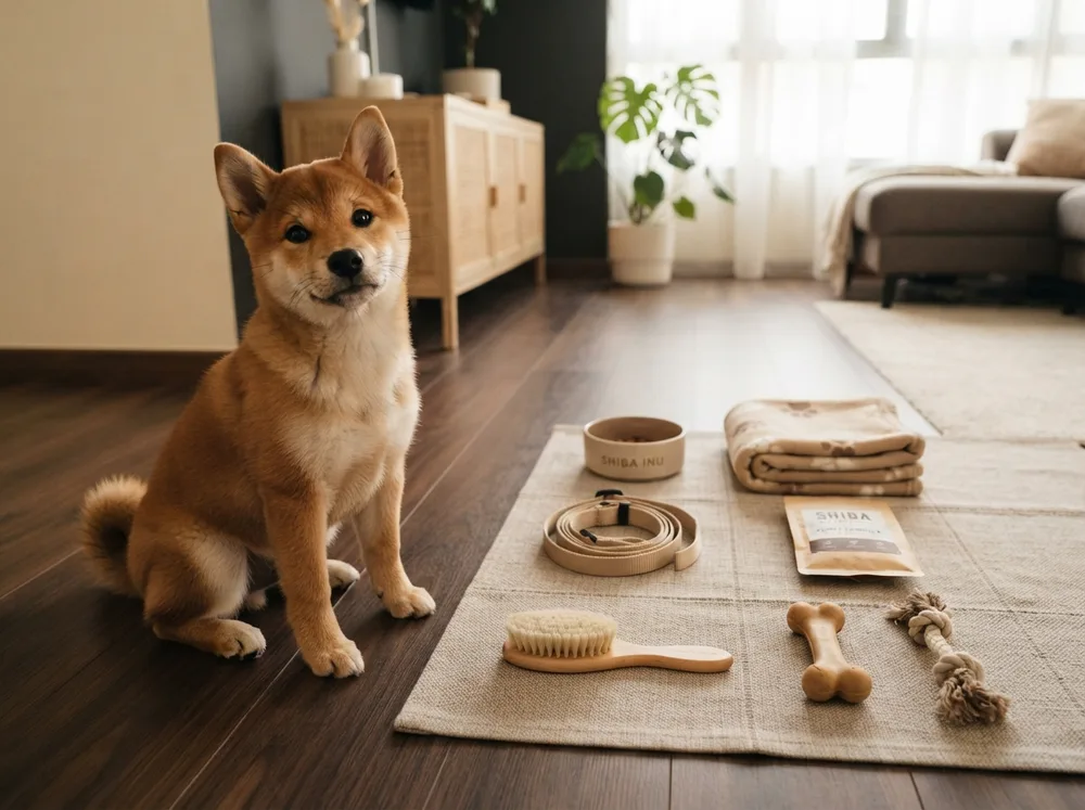Red Shiba Inu puppy beside a 30 item puppy starter kit laid out on a wooden floor