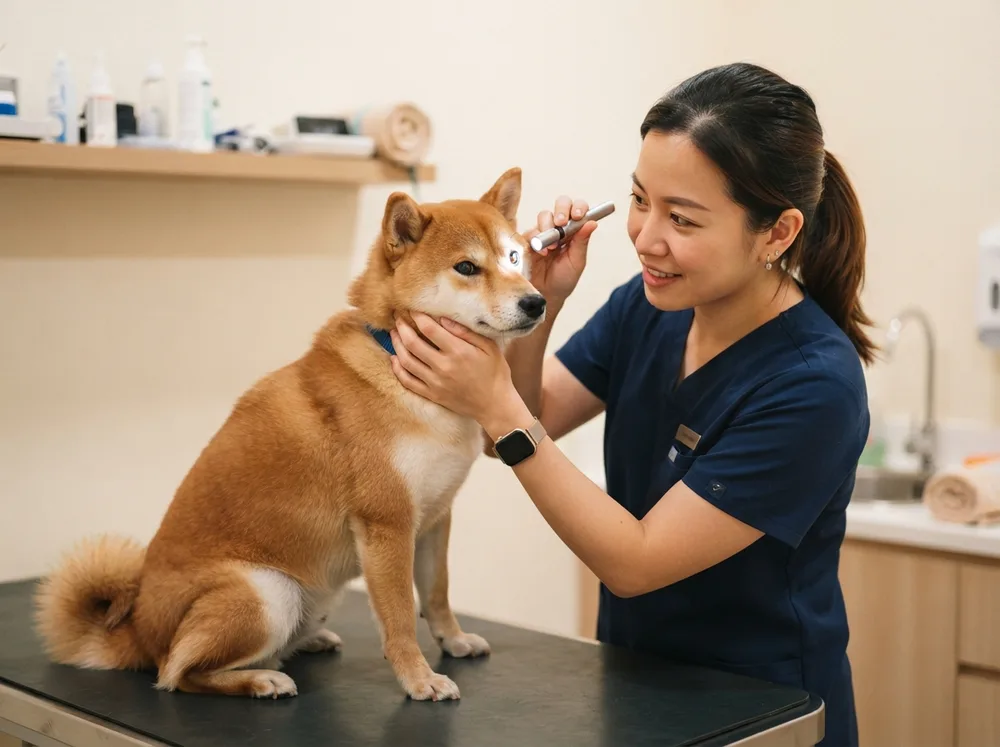 A veterinarian checking the clear bright eye of a calm red Shiba Inu with a penlight