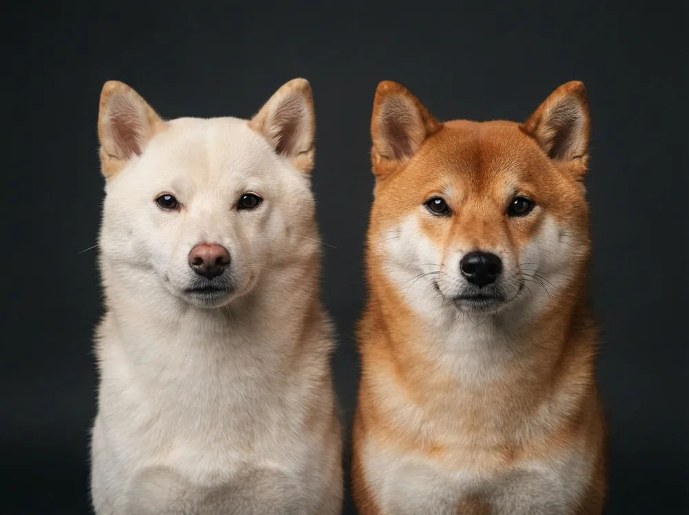 Cream and deep red Shiba Inu head studies side by side against a dark backdrop