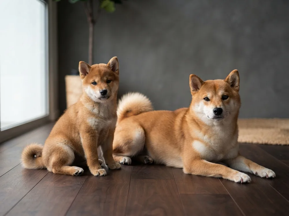 A red Shiba Inu puppy sitting beside a standard-size adult Shiba Inu, both correctly proportioned