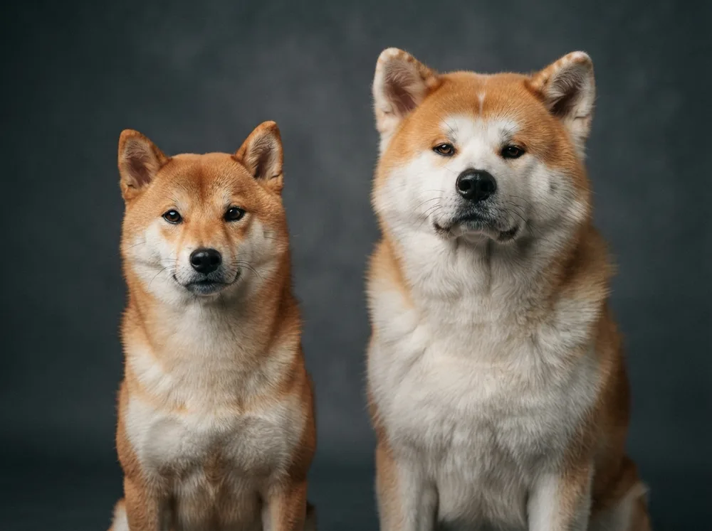 Head studies of a fine-muzzled Shiba Inu and a much broader-headed Akita side by side
