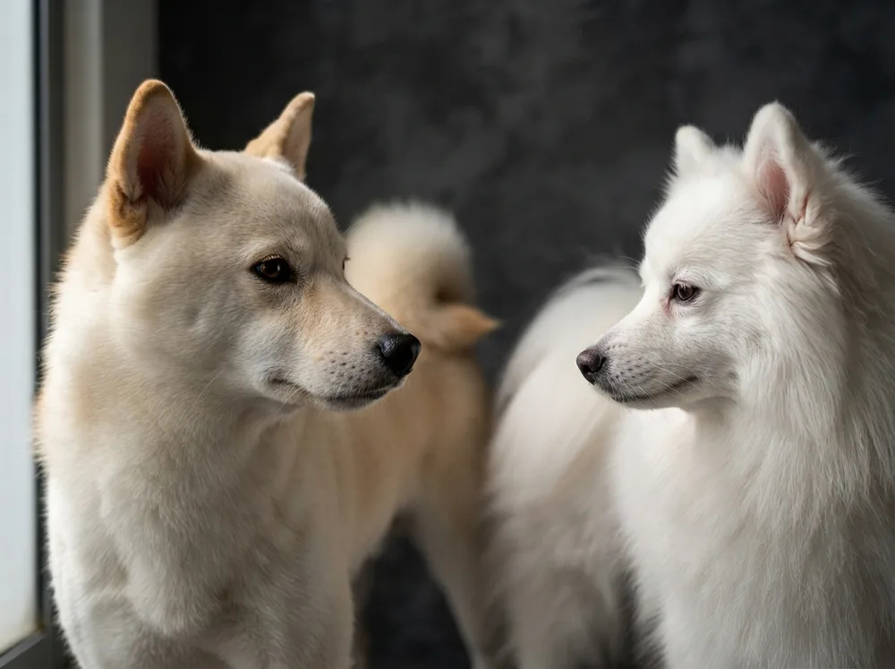Close comparison of a short harsh Shiba Inu double coat beside the long standoff coat of a Japanese Spitz