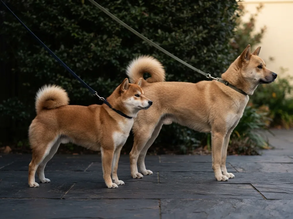 A red Shiba Inu and a taller fawn Korean Jindo standing side by side in matching profile