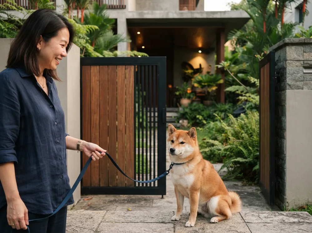 Shiba Inu on a lead beside a private landed-home gate in Singapore