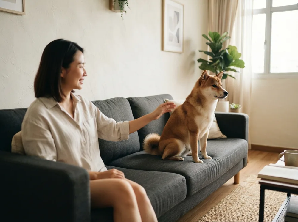 Aloof sesame Shiba Inu sitting apart on a charcoal sofa looking away from its owner in a Singapore living room