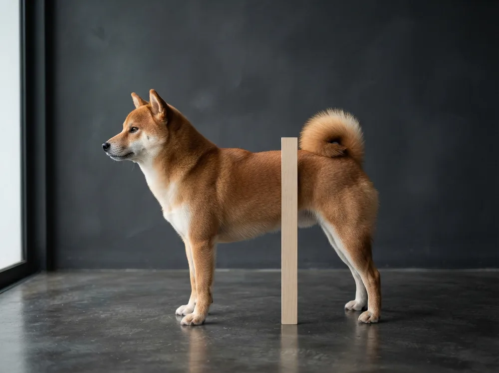 Adult Shiba Inu standing in profile beside a measuring guide showing a medium build