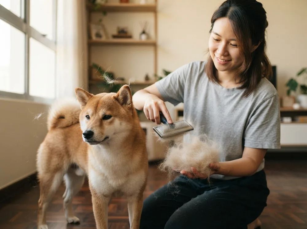 Owner deshedding a red Shiba Inu with a slicker brush holding a cloud of loose undercoat