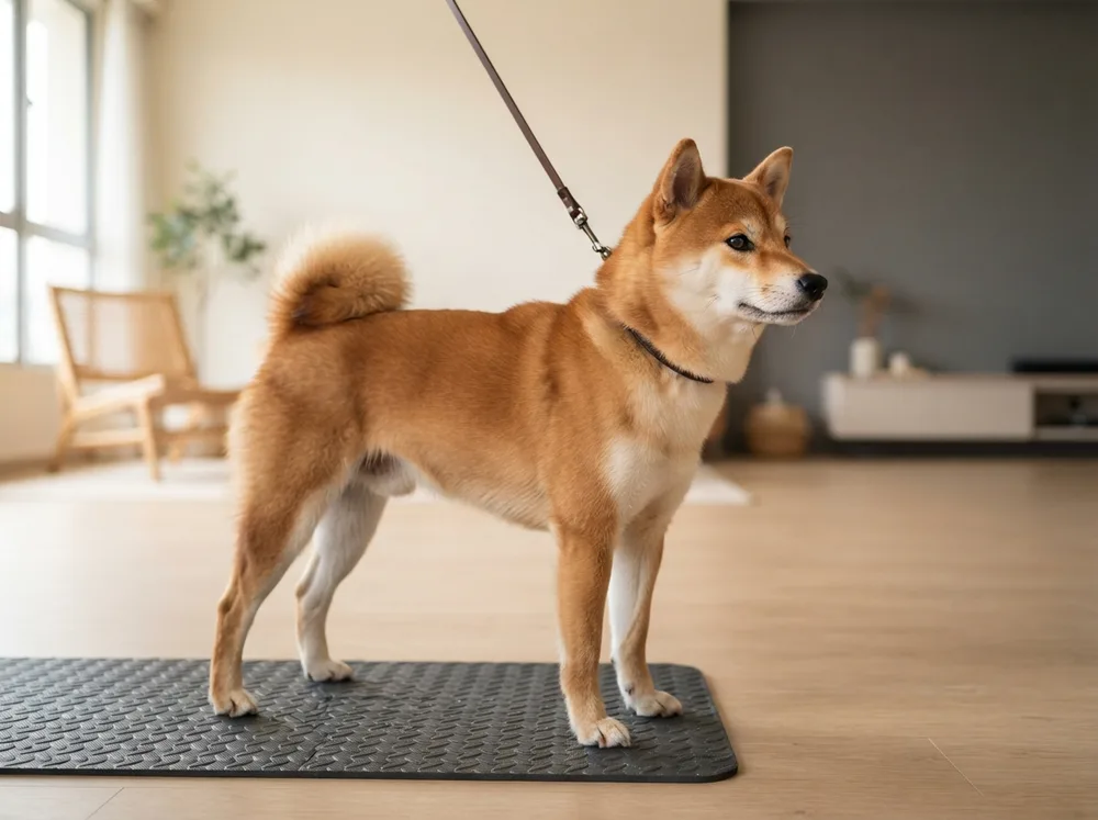 Healthy adult Shiba Inu standing in profile with bright clear eyes and an alert expression